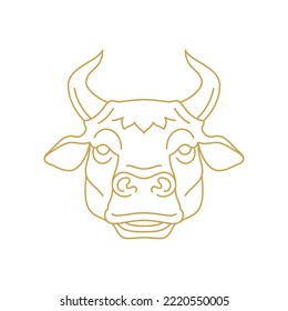 Horned bull muzzle golden monochrome linear icon vector illustration. Cow cattle farm animal head portrait butchery shop organic meat milk market production agricultural store minimalist logo