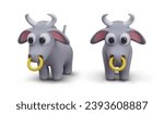 Horned bull with nose ring and big ears. 3D vector model, view from different sides. Domesticated herbivore. Volumetric image with shadows, template for web design