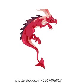 Horned cartoon dragon fairy tale monster with sharp tail, prehistoric chinese animal, cartoon character. Vector illustration of korean legend dragon with horns, fantasy mythology creature