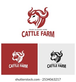 Horned cattle logos, black and white, featuring a side-view of a bull's head with prominent horns. Perfect for farm branding.