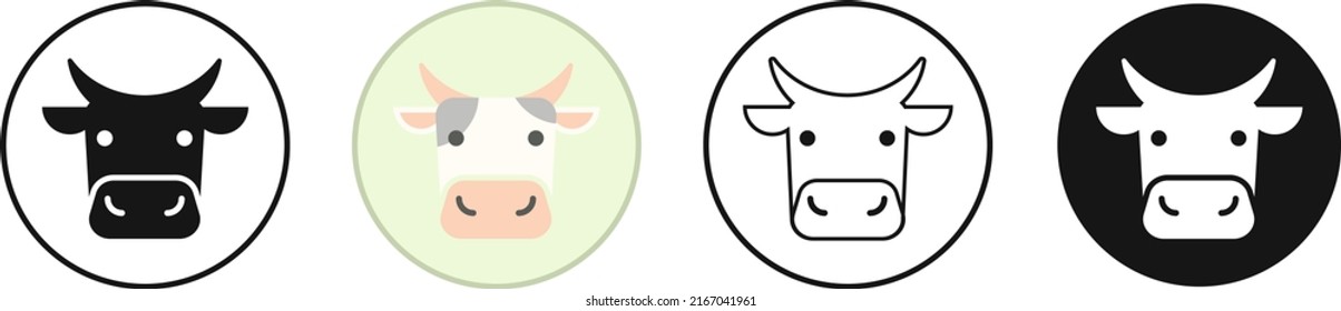 Juego de iconos de vaca bocina. Rompecabezas con ojos, orejas y fosas nasales, ícono de cabeza de toro doméstico. Diseño del logotipo de la carne y de los productos lácteos, comestibles de las explotaciones agrícolas