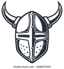 Horned crusader helmet, knight headpiece, helmet with horns, vector