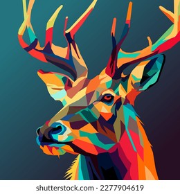 horned deer drawn using WPAP art style, pop art, vector illustration.