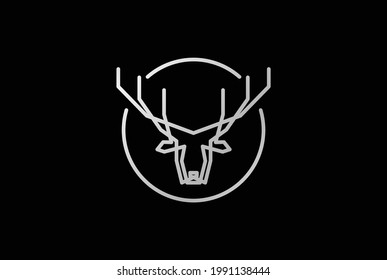 Horned Deer Elk Antler Reindeer Line Monogram Logo Design Vector
