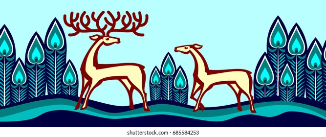 Horned deer and deer in the forest. Geometric drawing, children's theme