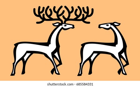 Horned deer and deer. Geometric drawing, children's theme