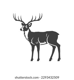 Horned deer mammal wild animal monochrome camping hunting vintage icon design template vector illustration. Reindeer wildlife character natural creature wanderlust discovery exploration logo