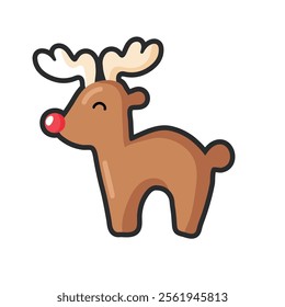 horned deer with red nose with outline in flat vector design.