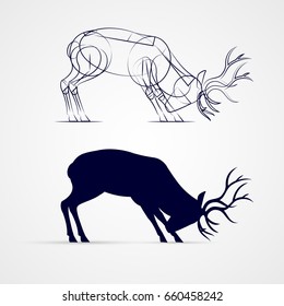 Horned Deer Silhouette with Sketch Template on Gray Background