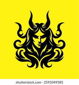 Horned Demon Face Silhouette with Abstract Hair on Yellow Background – Vector Illustration