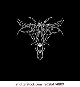 Horned demon face in white tribal lines on black, abstract, dark, and symmetrical vector.	