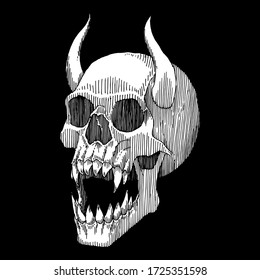 Horned Demon Skull, Hand Drawn Illustration