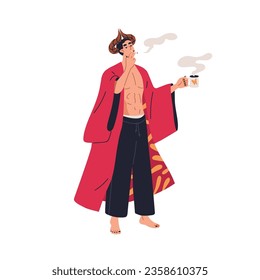 Horned devil, bad sexy man smoking cigarette, drinking coffee. Hot sassy male character, demon. Horny cocky guy in mantle, cloak, naked torso. Flat vector illustration isolated on white background