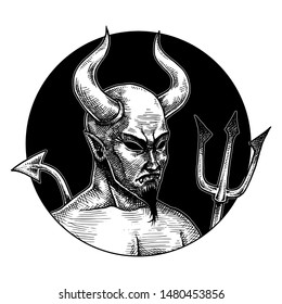 Horned Devil, Hand Drawn Illustration, Halloween Sketch, Isolated Vector