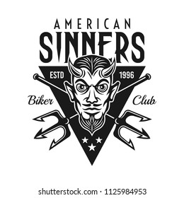 Horned devil head with two crossed tridents and text american sinners vector monochrome biker emblem or t shirt print isolated on white background