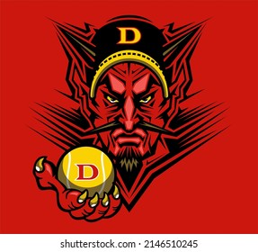 horned devil mascot holding tennis ball for school, college or league	