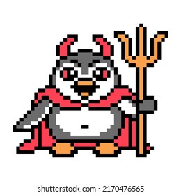 Horned devil penguin in a cape with a trident, pixel art animal character on white. Old school 80s, 90s 8 bit slot machine, video game graphics. Cartoon Halloween mascot. Evil demon with a fork logo.