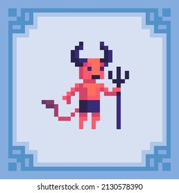 Horned Devil mit einer Kappgabel. Pixel-Art-Zeichen. Vektorgrafik im 8-Bit-Stil