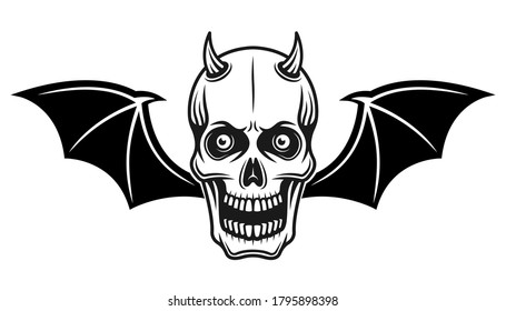 Horned devil skull with bat wings vector illustration in monochrome tattoo style isolated on white background