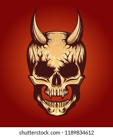 Horned devil skull drawn in tatto style. Vector illustration.