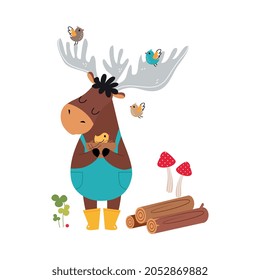 Horned Elk as Forest Animal in Rubber Boots Holding Nest with Birds Vector Illustration