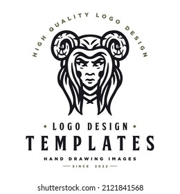 horned female character vector. woman logo template.