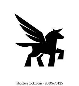 horned flying horse silhouette logo vector