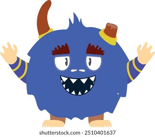 Horned funny creature. Blue beast cartoon mascot