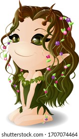 A horned girl in a green dress with leaves and a decoration in the form of berries in her hair. vector illustration.