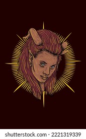 Horned girl head vector illustration