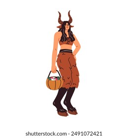 Horned goat character, Halloween costume. Creepy creature with hooves, cauldron and candies for Trick or Treat. Female faun dressed for Helloween. Flat vector illustration isolated on white background