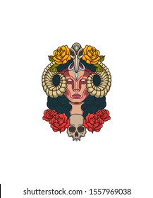 horned goat woman design vector illustration suitable for t-shirt, art book illustration, wallpaper
