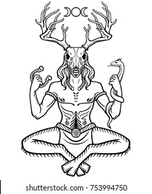 Horned god Cernunnos . Mysticism, esoteric, paganism, occultism. Vector illustration isolated on a white background.