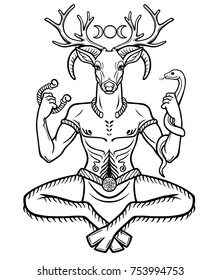 Horned god Cernunnos . Mysticism, esoteric, paganism, occultism. Vector illustration isolated on a white background.