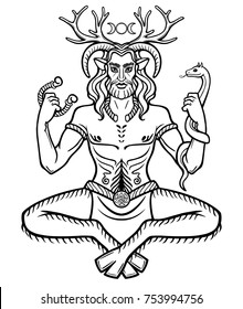 Horned god Cernunnos . Mysticism, esoteric, paganism, occultism. Vector illustration isolated on a white background.