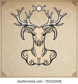 Horned god Cernunnos . Mysticism, esoteric, paganism, occultism. Vector illustration. Background - imitation of old paper.