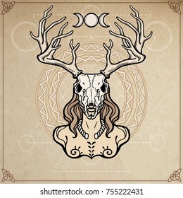 Horned god Cernunnos . Mysticism, esoteric, paganism, occultism. Vector illustration. Background - imitation of old paper, a decorative circle.