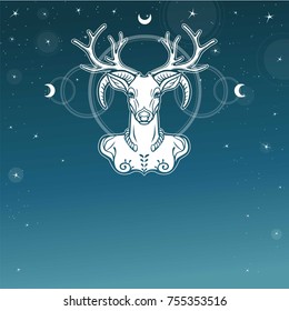 Horned god Cernunnos . Mysticism, esoteric, paganism, occultism. Vector illustration. Background - the night star sky, symbol of the moon.