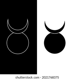 Horned god sign icon. Esoteric symbol of the Sun and the Moon. Wicca isolated icon in black with white outline. Witchcraft, sacred geometry. Vector illustration on white and black background