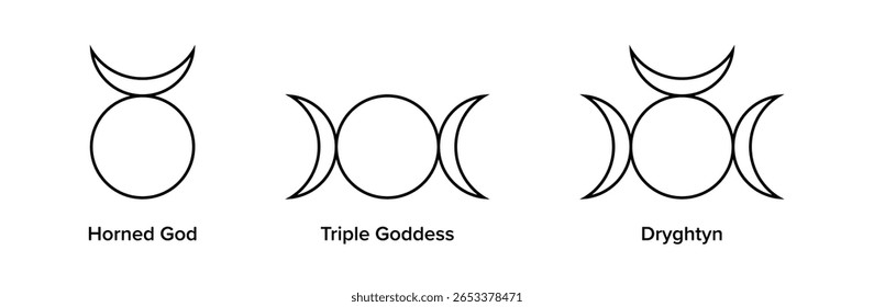 Deus com chifres, Deusa Tripla e símbolos Dryghtyn. Divindades arquetípicas em Wicca e Neopaganismo. Deus com chifres como parte masculina, a Lua Tripla como Deusa Mãe, e Dryghtyn, a divindade suprema incognoscível.