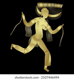 Horned Goddess. Dancing or running prehistoric woman. Ethnic North African rock painting from Tassili n'Ajjer. Sahara desert in Algeria. Golden glossy silhouette on black background.