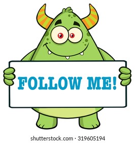 Horned Green Monster Cartoon Character Holding Follow Me Sign. Vector Illustration Isolated On White