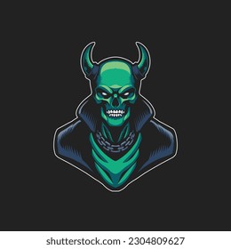 a horned green skull, mad rider badge logo