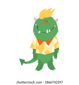 Horned Hairy Monster with Tail Wearing Spotted Shirt Vector Illustration