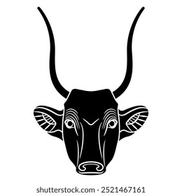 Horned head of a cow or bull. Ancient Egyptian animal design. Black and whit silhouette.