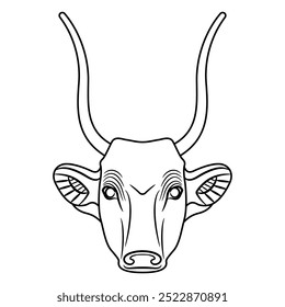 Horned head of a cow or bull. Ancient Egyptian animal design. Black and white linear silhouette.