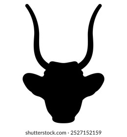 Horned head of a cow or bull. Ancient Egyptian animal design. Black silhouette on white background.