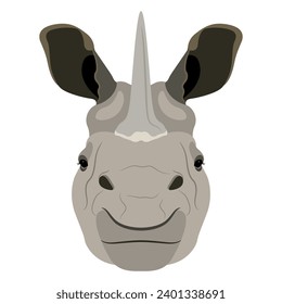 Horned head of Indian rhinoceros. (Rhinoceros unicornis). Funny animal mask. Cartoon style. Isolated vector illustration.