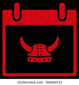 Horned Helmet Calendar Day grainy textured icon for overlay watermark stamps. Flat symbol with dirty texture. Dotted vector red ink rubber seal stamp with grunge design on a black background.
