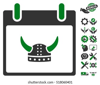 Horned Helmet Calendar Day icon with bonus service design elements. Vector illustration style is flat iconic symbols, green and gray, white background.